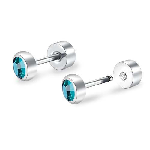 ZDE Titanium Flatback Ohrringe für Frauen Crystal Blue Zirkon Ohrstecker flach zurück Damen Ohrringe hypoallergen Knorpel Flatback Ohrring Tragus Helix Tragus Conch Piercing (Blue Zircon, 4MM) von ZDE