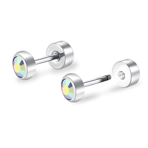 ZDE Titanium Flatback Ohrringe für Frauen Crystal Blue Zirkon Ohrstecker flach zurück Damen Ohrringe hypoallergen Knorpel Flatback Ohrring Tragus Helix Tragus Conch Piercing (AB, 5MM) von ZDE