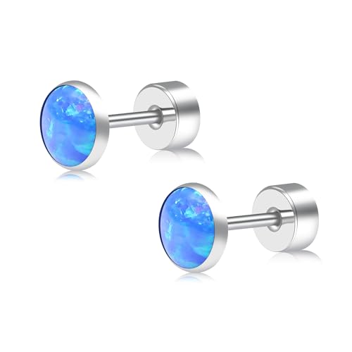 ZDE Titanium Flatback Ohrringe für Frauen Opal Lavendel Ohrstecker flach zurück Frauen Ohrringe hypoallergen Knorpel Flatback Ohrring Tragus Helix Tragus Conch Piercing (Blue Pacific, 4MM) von ZDE