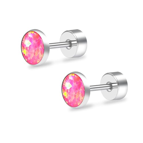 ZDE Titanium Flatback Ohrringe für Frauen Opal Lavendel Ohrstecker flach zurück Frauen Ohrringe hypoallergen Knorpel Flatback Ohrring Tragus Helix Tragus Conch Piercing 3mm-5mm (Hot Pink, 4MM) von ZDE
