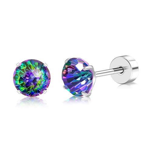 ZDE Titanium Frauen Flatback Ohrringe AAAA+ Cubic Zirkonia Silber CZ simulierte Diamant Ohrringe Stud Hypoallergen Knorpel Ohrring Piercing Schmuck 6mm (Colorful CZ, 6MM) von ZDE