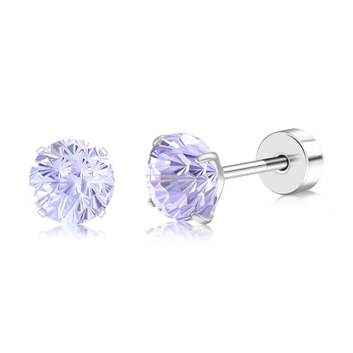 ZDE Titanium Frauen Flatback Ohrringe AAAA+ Cubic Zirkonia Silber CZ simulierte Diamant Ohrringe Stud Hypoallergen Knorpel Ohrring Piercing Schmuck 6mm (Purple CZ, 6MM) von ZDE