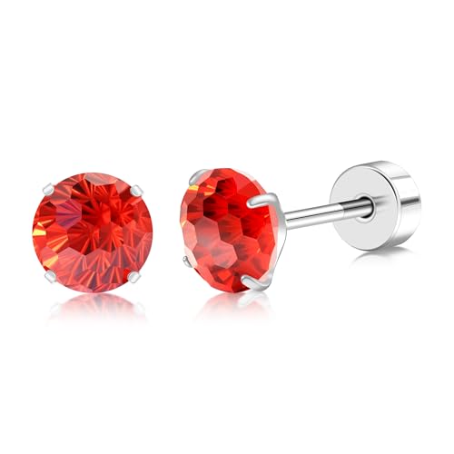 ZDE Titanium Frauen Flatback Ohrringe AAAA+ Cubic Zirkonia Silber CZ simulierte Diamant Ohrringe Stud Hypoallergen Knorpel Ohrring Piercing Schmuck 6mm (Red CZ, 6MM) von ZDE