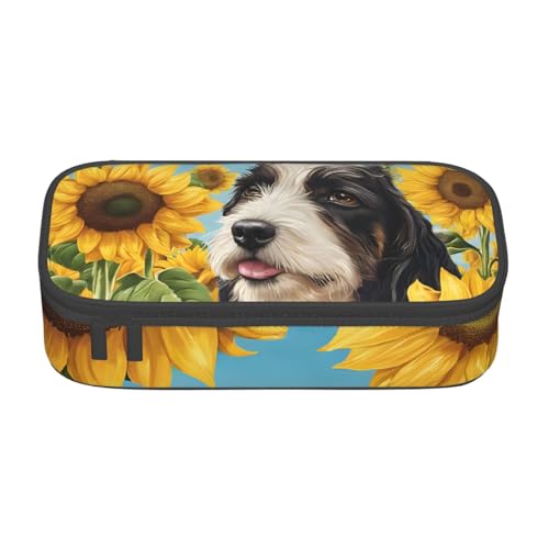 ZDFHKYDY Elefant mit Kunst, großes Fassungsvermögen, Büro-Federmäppchen für Erwachsene, tragbare Schreibwarentasche für Stifte, Marker und Zubehör, 21 x 9,5 x 5 cm, Hund mit Sonnenblumen von ZDFHKYDY