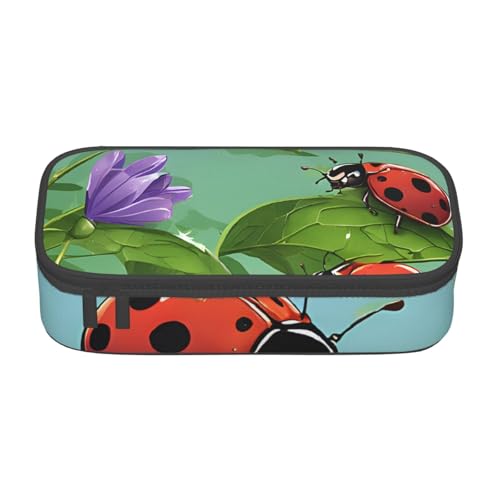 ZDFHKYDY Federmäppchen mit Marienkäfer-Druck, großes Fassungsvermögen, für Erwachsene, tragbare Schreibwarentasche für Stifte, Marker und Zubehör, 21 x 9,5 x 5 cm, Marienkäfer und grüne Blätter von ZDFHKYDY