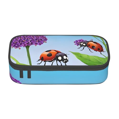 ZDFHKYDY Ladybugs Große Kapazität Büro Federmäppchen für Erwachsene, tragbare Schreibwarentasche für Stifte, Marker und Zubehör – 21 x 9,5 x 5 cm, Marienkäfer und grüne Blätter, Einheitsgröße von ZDFHKYDY