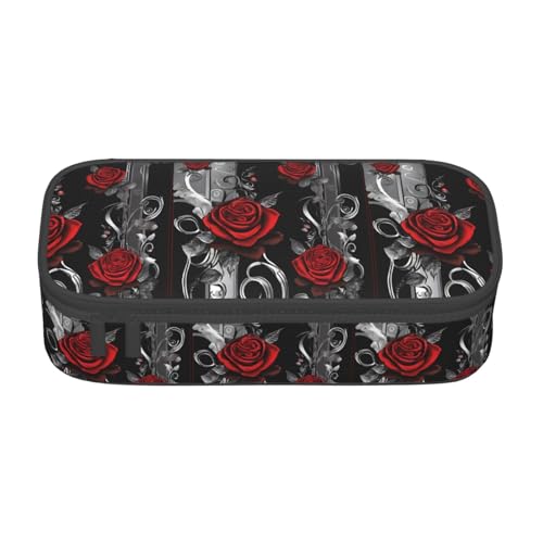 ZDFHKYDY Rote und schwarze Rose große Kapazität Büro Federmäppchen für Erwachsene, tragbare Schreibwarentasche für Stifte, Marker und Zubehör – 21 x 9,5 x 5 cm, Hübsche Rosen, Einheitsgröße von ZDFHKYDY