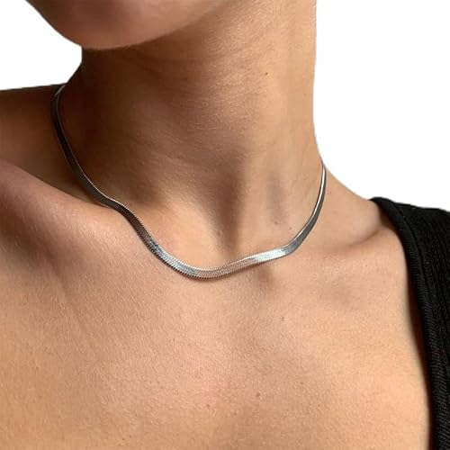 Flache Edelstahlkette, 14 Karat Gold/versilbert, Schlangenkette, Halskette für Damen und Herren, 3 mm, zierliche Choker-Halskette, kubanische Gliederkette, dünne klobige Kette, Geschenk für sie Flache Edelstahlkette, 14 Karat Gold/versilbert, Schlangenkette, Halskette für Damen und Herren, 3 mm, zierliche Choker-Halskette, kubanische Gliederkette, dünne klobige Kette, Geschenk für sie von ZDIFDIC