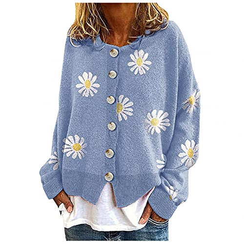 ZDJH Cardigan Damen Gänseblümchen Langarm Kurze Strickjacke Knopf Leichte Mantel Tops Herbst Und Winter Lässiges Oberteil Kurze Strickcardigan Eleganter Frauenmantel Strickmantel von ZDJH