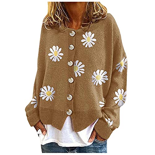 ZDJH Cardigan Damen Gänseblümchen Langarm Kurze Strickjacke Knopf Leichte Mantel Tops Herbst Und Winter Lässiges Oberteil Kurze Strickcardigan Eleganter Frauenmantel Strickmantel von ZDJH