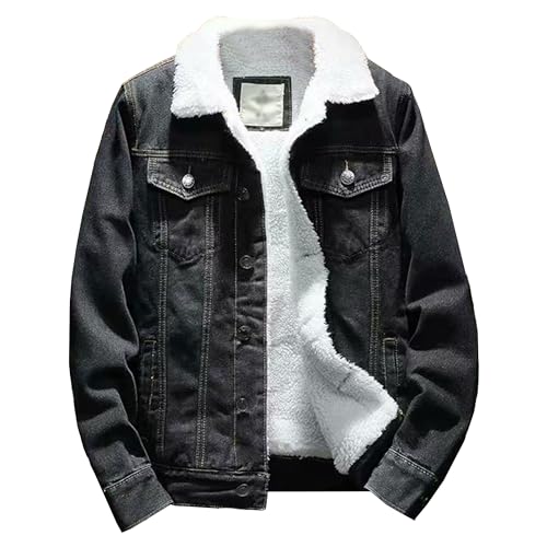 ZDJSWJ Herren Jeansjacke mit Fellkragen Sherpa Trenchcoat Jacke Baumwolle Denim Wintermantel Cargo Wolle, Schwarz , L von ZDJSWJ