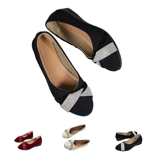 Leichte, modische Keilschuhe mit Strasssteinen for Damen, glitzernde, Bequeme Slip-On-Flats, runde Zehenpartie, bequemer Pumps mit niedrigem Absatz(Black,40 EU) von ZDOUXUAN