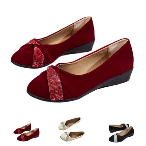 Leichte, modische Keilschuhe mit Strasssteinen for Damen, glitzernde, Bequeme Slip-On-Flats, runde Zehenpartie, bequemer Pumps mit niedrigem Absatz(Red,36 EU) von ZDOUXUAN