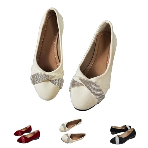 Leichte, modische Keilschuhe mit Strasssteinen for Damen, glitzernde, Bequeme Slip-On-Flats, runde Zehenpartie, bequemer Pumps mit niedrigem Absatz(White,39 EU) von ZDOUXUAN