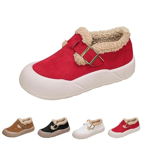 ZDOUXUAN Damen-Slipper Aus Plüsch Mit Runder Zehenpartie, Warme Winter-Baumwollschuhe Mit Fleecefutter, Lässige Schuhe Mit Weicher Sohle(Red,42 EU) von ZDOUXUAN
