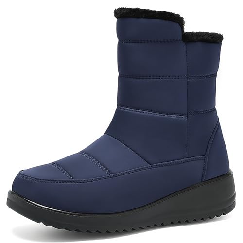 ZDOUXUAN Damen Winter-Schneestiefel, wasserdicht, warmes Fellfutter, seitlicher Reißverschluss, mittlere Wade, bequeme Baumwollstiefeletten(Blue,37 EU) von ZDOUXUAN
