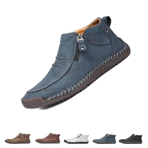 ZDOUXUAN Handgemachte Plateauschuhe Aus Leder For Herren Mit Seitlichem Reißverschluss, Slip-On-Lederstiefel Herren, Loafer-Schuhe For Wandern Und Autofahren(Blue,40 EU) von ZDOUXUAN