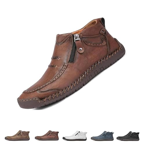 ZDOUXUAN Handgemachte Plateauschuhe Aus Leder For Herren Mit Seitlichem Reißverschluss, Slip-On-Lederstiefel Herren, Loafer-Schuhe For Wandern Und Autofahren(Brown,47 EU) von ZDOUXUAN
