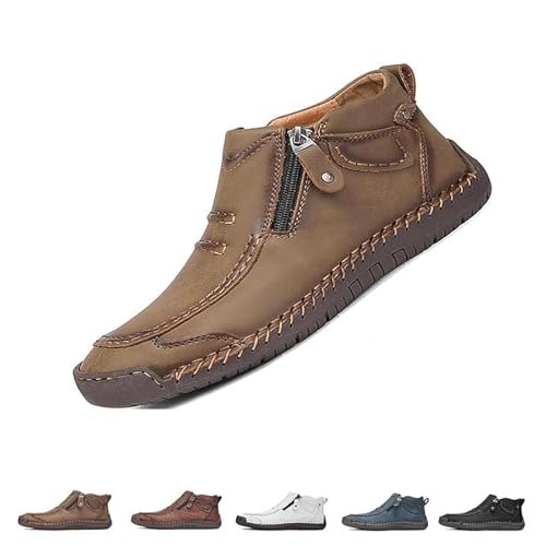 ZDOUXUAN Handgemachte Plateauschuhe Aus Leder For Herren Mit Seitlichem Reißverschluss, Slip-On-Lederstiefel Herren, Loafer-Schuhe For Wandern Und Autofahren(Khaki,40 EU) von ZDOUXUAN