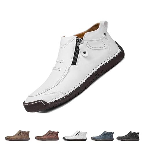 ZDOUXUAN Handgemachte Plateauschuhe Aus Leder For Herren Mit Seitlichem Reißverschluss, Slip-On-Lederstiefel Herren, Loafer-Schuhe For Wandern Und Autofahren(White,41 EU) von ZDOUXUAN