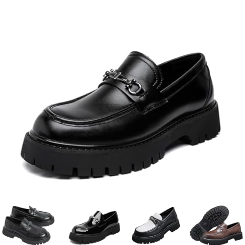 ZDOUXUAN Herren-Loafer aus Lackleder mit Plateausohle, Bequeme Slip-On-Abendschuhe mit Rutschfester Sohle, Horsebit-Loafer mit runder Zehenpartie(Black,41 EU) von ZDOUXUAN