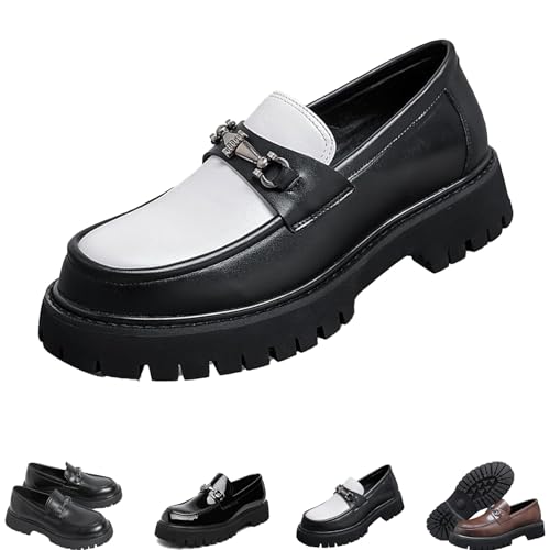 ZDOUXUAN Herren-Loafer aus Lackleder mit Plateausohle, Bequeme Slip-On-Abendschuhe mit Rutschfester Sohle, Horsebit-Loafer mit runder Zehenpartie(Black White,44 EU) von ZDOUXUAN