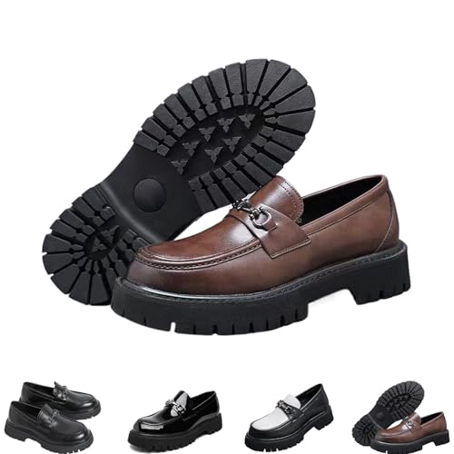 ZDOUXUAN Herren-Loafer aus Lackleder mit Plateausohle, Bequeme Slip-On-Abendschuhe mit Rutschfester Sohle, Horsebit-Loafer mit runder Zehenpartie(Brown,40 EU) von ZDOUXUAN