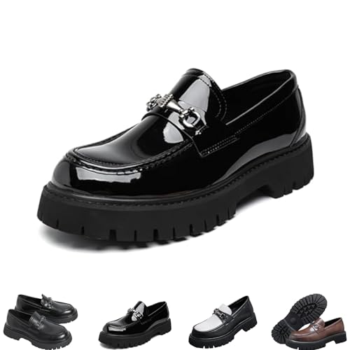 ZDOUXUAN Herren-Loafer aus Lackleder mit Plateausohle, Bequeme Slip-On-Abendschuhe mit Rutschfester Sohle, Horsebit-Loafer mit runder Zehenpartie(Shiny Black,40 EU) von ZDOUXUAN