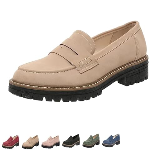 ZDOUXUAN Orthoture - Orthopädische Plateau-Loafer, Bequeme Loafer mit runder Retro-Spitze for Damen, Schlupfschuhe, Wanderschuhe(Beige,36 EU) von ZDOUXUAN