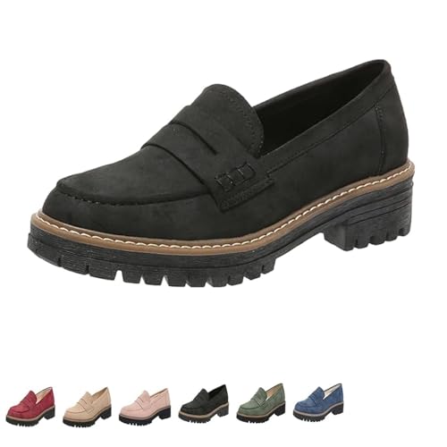 ZDOUXUAN Orthoture - Orthopädische Plateau-Loafer, Bequeme Loafer mit runder Retro-Spitze for Damen, Schlupfschuhe, Wanderschuhe(Black,36 EU) von ZDOUXUAN
