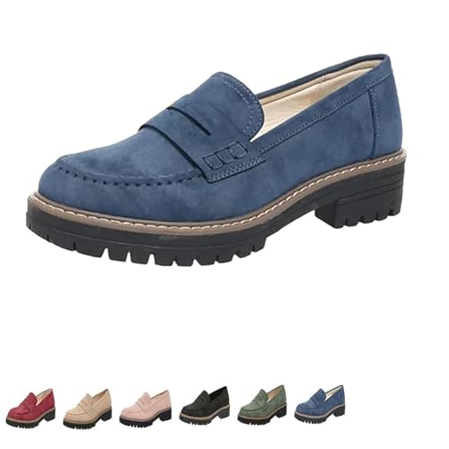 ZDOUXUAN Orthoture - Orthopädische Plateau-Loafer, Bequeme Loafer mit runder Retro-Spitze for Damen, Schlupfschuhe, Wanderschuhe(Blue,38 EU) von ZDOUXUAN