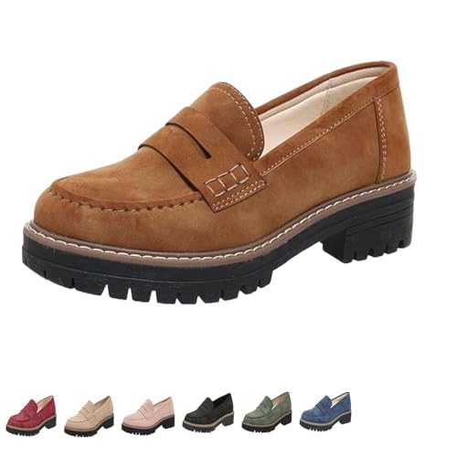 ZDOUXUAN Orthoture - Orthopädische Plateau-Loafer, Bequeme Loafer mit runder Retro-Spitze for Damen, Schlupfschuhe, Wanderschuhe(Brown,37 EU) von ZDOUXUAN