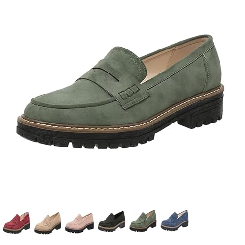 ZDOUXUAN Orthoture - Orthopädische Plateau-Loafer, Bequeme Loafer mit runder Retro-Spitze for Damen, Schlupfschuhe, Wanderschuhe(Green,40 EU) von ZDOUXUAN