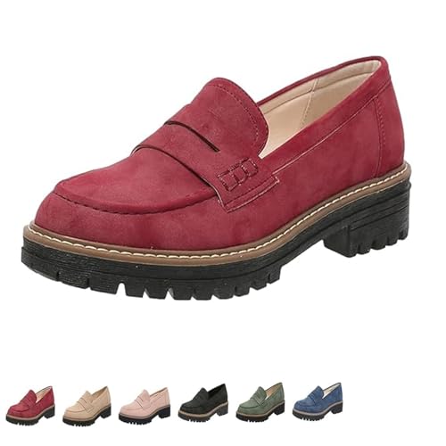 ZDOUXUAN Orthoture - Orthopädische Plateau-Loafer, Bequeme Loafer mit runder Retro-Spitze for Damen, Schlupfschuhe, Wanderschuhe(Red,38 EU) von ZDOUXUAN