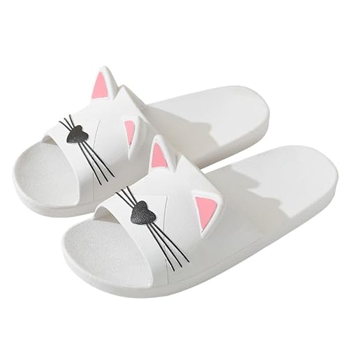 Badelatschen Damen Sommer Dusche Hausschuhe Herren Schnell Trocknend Pantoletten Frauen Weiche Bade Sandalen mit Katze Cartoon Weiß 40/41 von ZDQ