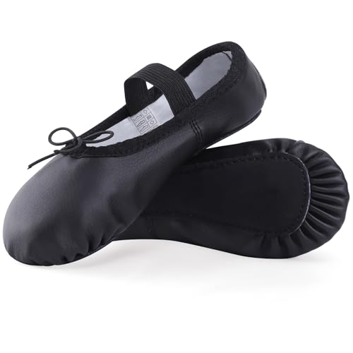 ZDQ Ballettschuhe Mädchen Ballettschläppchen aus Leder Damen Tanzschläppchen Kinder Tanzschuhe Gymnastikschuhe Ballet Schläppchen Ballerinas mit Ganze Ledersohle für Performance Gymnastik Schwarz 32 von ZDQ