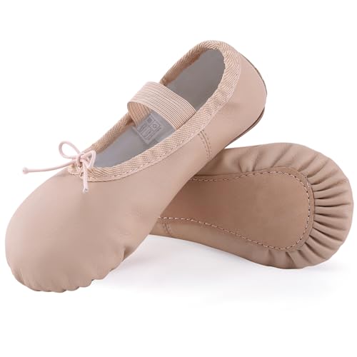 ZDQ Ballettschuhe Mädchen Ballettschläppchen aus Leder Damen Tanzschläppchen Kinder Tanzschuhe Gymnastikschuhe Ballet Schläppchen Ballerinas mit Ganze Ledersohle für Performance Gymnastik Beige 38 von ZDQ