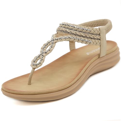 ZDQ Sandalen Damen Sommer Bequem Elegant Flach Sandaletten Frauen Outdoor Freizeit Bohemian Strand Schuhe mit Weich Fussbett Beige 39 von ZDQ