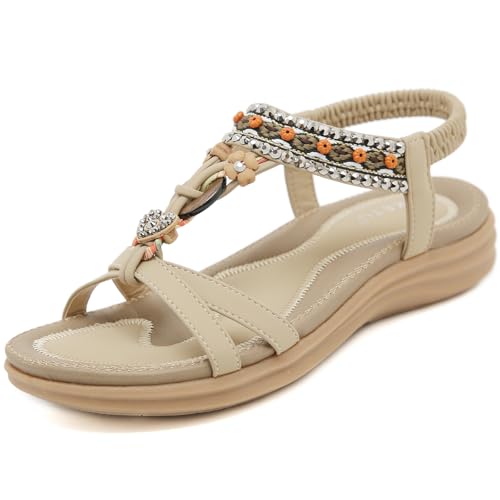 ZDQ Sandalen Damen Sommer Bequem Elegant Flach Sandaletten Frauen Outdoor Freizeit Bohemian Strand Schuhe mit Weich Fussbett Beige 41 ZDQ Sandalen Damen Sommer Bequem Elegant Flach Sandaletten Frauen Outdoor Freizeit Bohemian Strand Schuhe mit Weich Fussbett Beige 41 von ZDQ