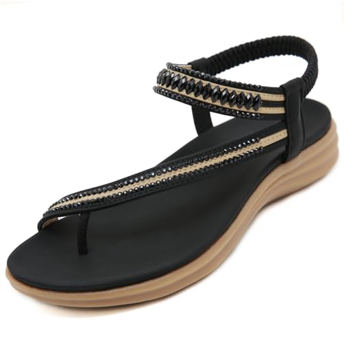 ZDQ Sandalen Damen Sommer Bequem Elegant Flach Sandaletten Frauen Outdoor Freizeit Bohemian Strand Schuhe mit Weich Fussbett Schwarz 37 EU von ZDQ