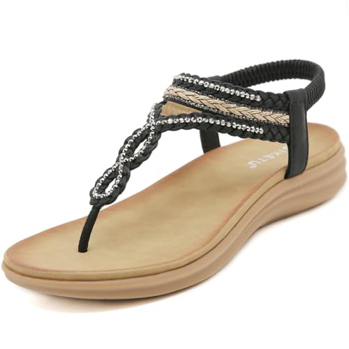 ZDQ Sandalen Damen Sommer Bequem Elegant Flach Sandaletten Frauen Outdoor Freizeit Bohemian Strand Schuhe mit Weich Fussbett Schwarz 37 von ZDQ
