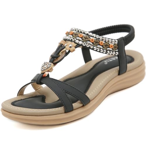 ZDQ Sandalen Damen Sommer Bequem Elegant Flach Sandaletten Frauen Outdoor Freizeit Bohemian Strand Schuhe mit Weich Fussbett Schwarz 38 von ZDQ