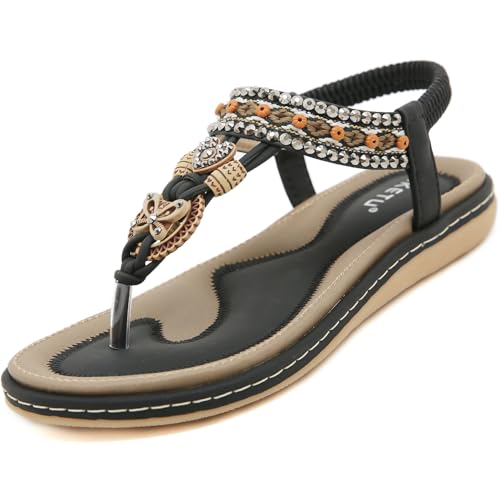 ZDQ Sandalen Damen Sommer Bequem Elegant Flach Sandaletten Frauen Outdoor Freizeit Bohemian Strand Schuhe mit Weich Fussbett Schwarz 41 von ZDQ