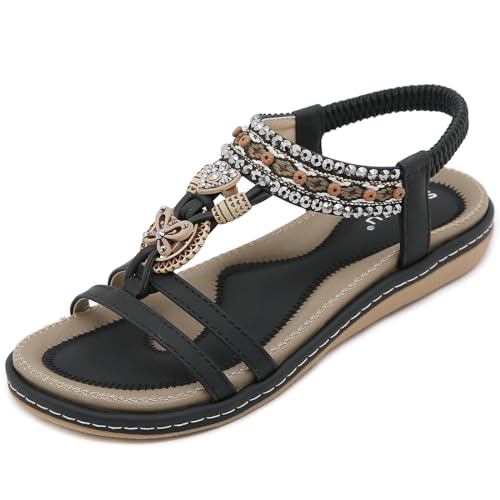 ZDQ Sandalen Damen Sommer Bequem Elegant Flach Sandaletten Frauen Outdoor Freizeit Bohemian Strand Schuhe mit Weich Fussbett Schwarz 43 von ZDQ