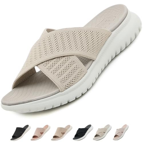 ZDQ Sandalen Damen Sommer Bequem Orthopädische Pantoletten Leichte Hausschuhe Elegant Schlappen Casual Slipper mit Weich Fussbett Beige 39 von ZDQ
