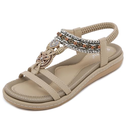 ZDQ Sandalen Damen Sommer Elegant Flach Bequem Sandaletten Frauen Outdoor Freizeit Bohemian Strand Schuhe mit Weich Fussbett Beige 38 EU = Herstellergröße 39 von ZDQ
