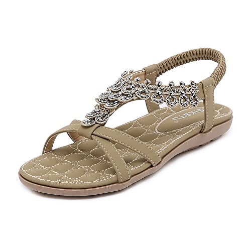 ZDQ Sandalen Damen Sommer Elegant Flach Bequem Sandaletten Frauen Outdoor Freizeit Bohemian Strand Schuhe mit Weich Fussbett Beige 39 von ZDQ