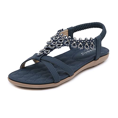 ZDQ Sandalen Damen Sommer Elegant Flach Bequem Sandaletten Frauen Outdoor Freizeit Bohemian Strand Schuhe mit Weich Fussbett Blau 44 EU = Herstellergröße 45 von ZDQ