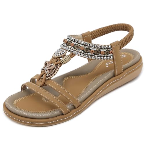 ZDQ Sandalen Damen Sommer Elegant Flach Bequem Sandaletten Frauen Outdoor Freizeit Bohemian Strand Schuhe mit Weich Fussbett Braun 36 EU = Herstellergröße 37 von ZDQ