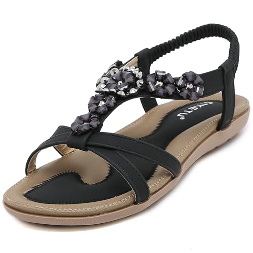 ZDQ Sandalen Damen Sommer Elegant Flach Bequem Sandaletten Frauen Outdoor Freizeit Bohemian Strand Schuhe mit Weich Fussbett Schwarz 40 von ZDQ